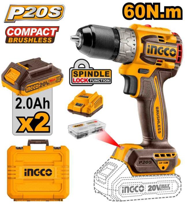 Compact Brushless Cordless Impact Drill 60NM, 2 AH 20V