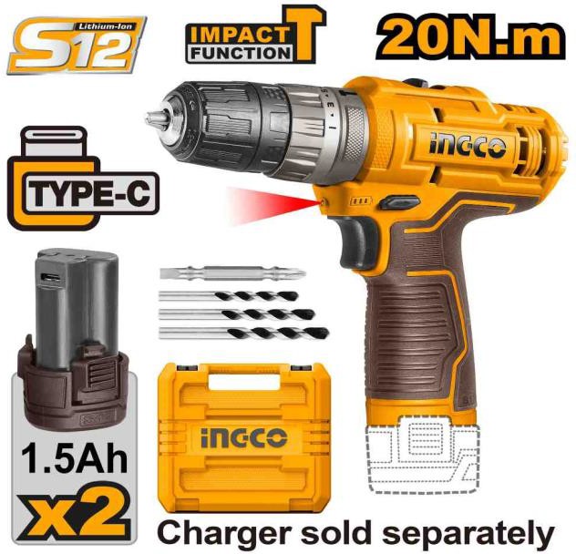 12V Lithium- Ion cordless drill Double battery with Impact Function