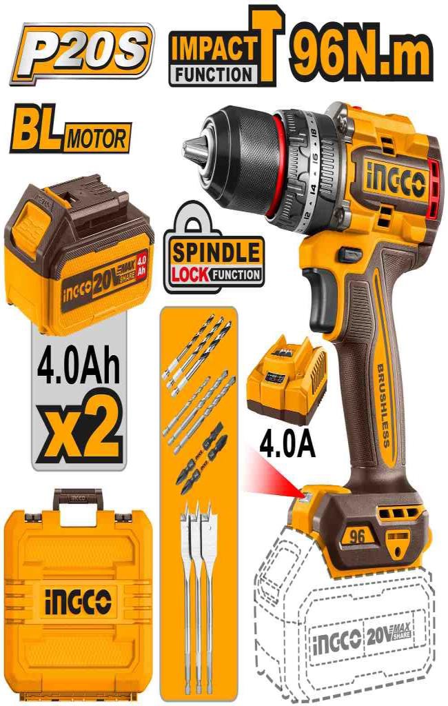 Compact Brushless Cordless Impact Drill 76NM, 2 AH 20V