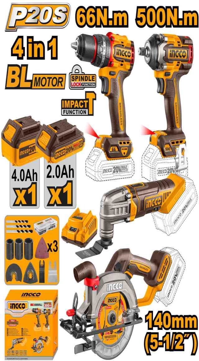 Cordless 4 pcs combo kit 66nm drill + 500nm Impact wrench + multi- tool+ Circular saw